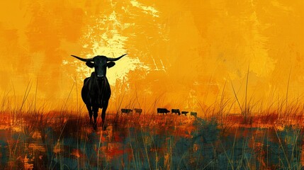 Abstract digital painting of a Kobaal silhouette, overseeing a serene field of cattle, stark contrasts, minimalist design