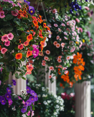 colorful flower baskets from a porch awning, capturing the vibrant blooms against a backdrop of greenery