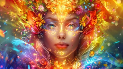 A beautiful woman with crown of colorful flower in front portrait and background with dark space, shining golden light effects and sacred geometry elements around her head.