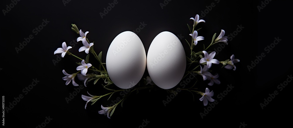 Aufkleber A view from above shows three white Easter eggs resting on a dark background with lavender creating a visually appealing copy space image
