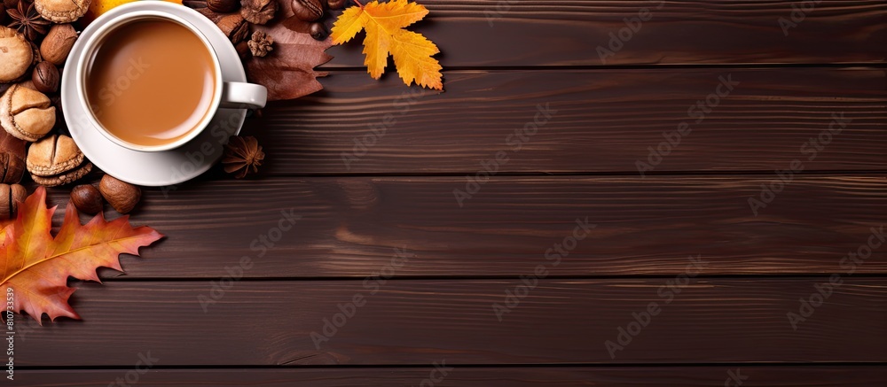 Aufkleber autumn themed flat lay with dried leaves chestnuts and a hot coffee drink it features a cozy cafe an