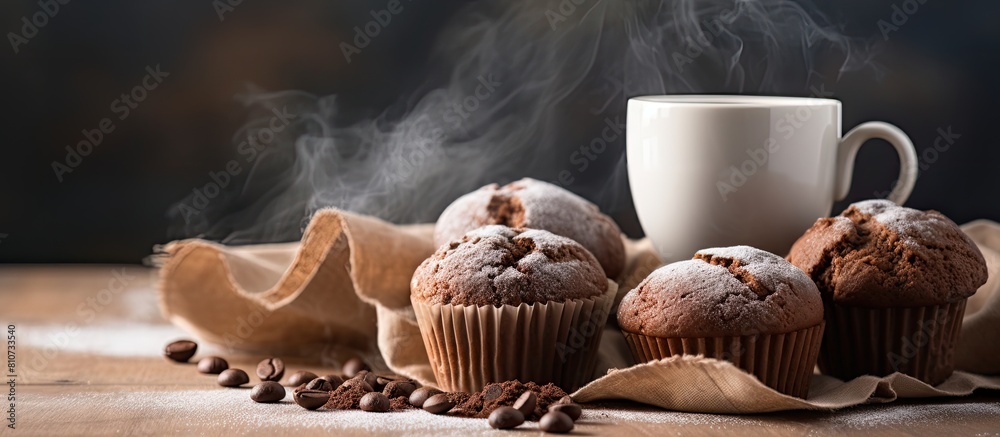 Aufkleber delicious homemade chocolate muffins and a steaming cup of white coffee sitting on a gray table back
