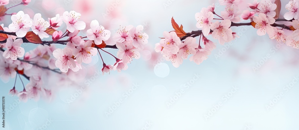Poster beautiful floral spring background of nature with branches of blooming cherry tree flowers perfect f