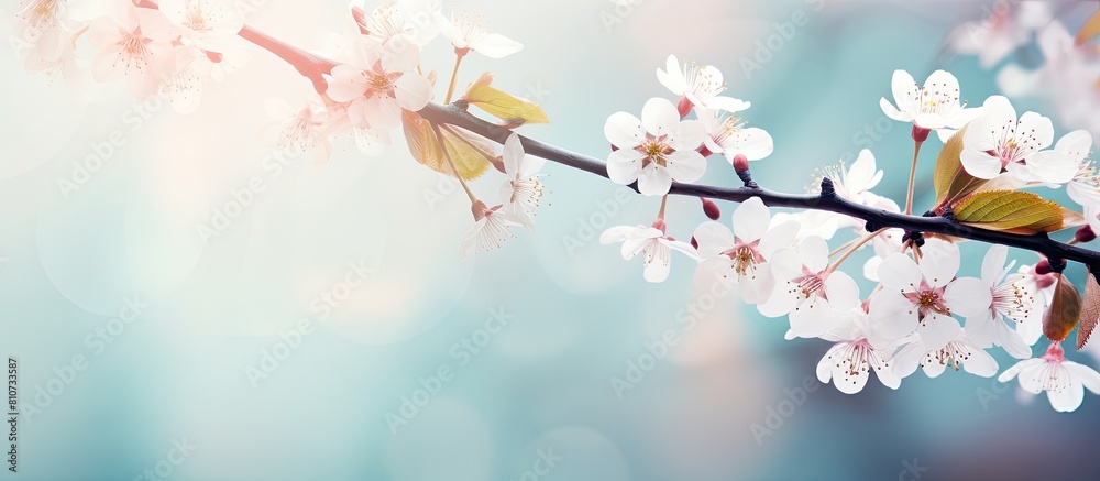 Poster beautiful floral spring background of nature with branches of blooming cherry tree flowers perfect f