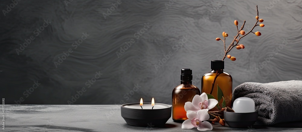 Poster A tranquil spa concept is showcased in a relaxing image featuring spa accessories on a grey background with a closeup view and copy space available