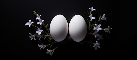 A view from above shows three white Easter eggs resting on a dark background with lavender creating a visually appealing copy space image