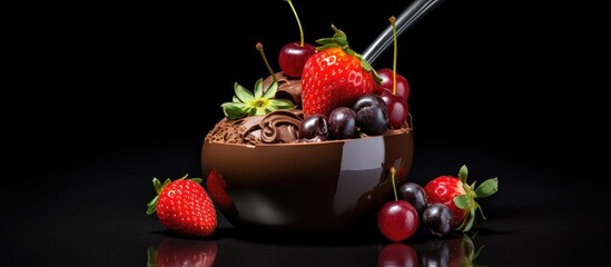 A side view of a half chocolate Easter egg is placed on a gray surface It is surrounded by cherries and strawberries with a teaspoon resting on top The background is black providing ample copy space