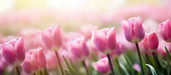 Fototapeta premium A stunning collection of spring flowers featuring lovely pink tulips that fill a tulip field with a pleasing blur both in the foreground and background Perfect for a copy space image