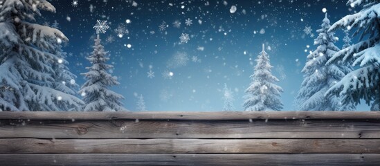 A winter themed wooden background for Christmas featuring a snow covered fir tree The composition provides ample space for additional elements