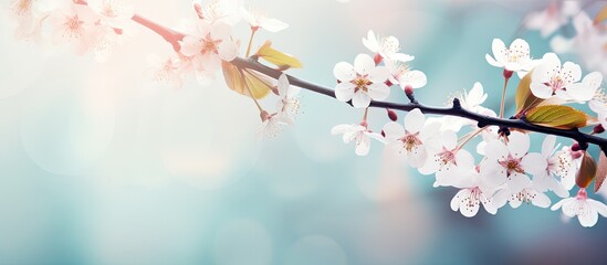 Beautiful floral spring background of nature with branches of blooming cherry tree flowers perfect for Easter and spring greeting cards Includes copy space image