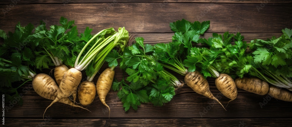 Aufkleber A rustic wooden table is adorned with a bountiful display of fresh ripe parsnips and vibrant green leaves This delightful arrangement forms a flat lay leaving ample space for the addition of text