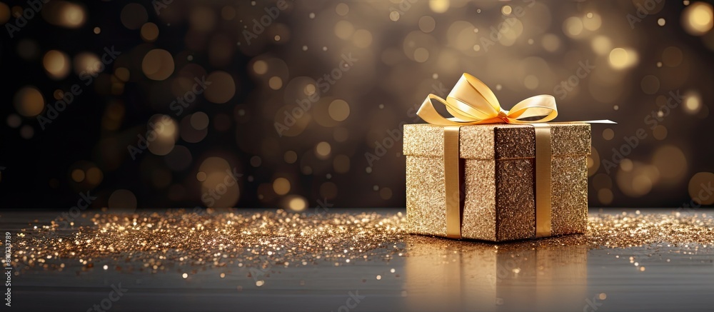 Poster a golden gift box designed for a merry christmas and happy new year concept with the intention of pr