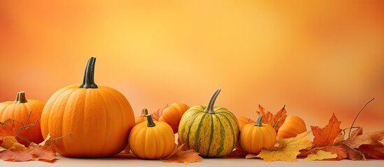 A fall scene with pumpkins and colorful leaves on an orange background providing copy space for images