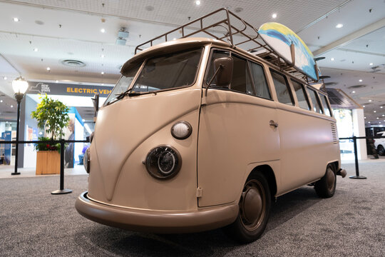 New York City, USA - March 27, 2024: Volkswagen T1 retro van at New York International Auto Show, corner view