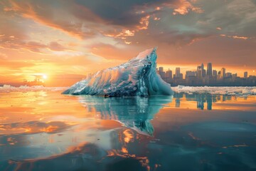 A large ice block floating in the ocean with a city in the background, Global warming concept - Powered by Adobe