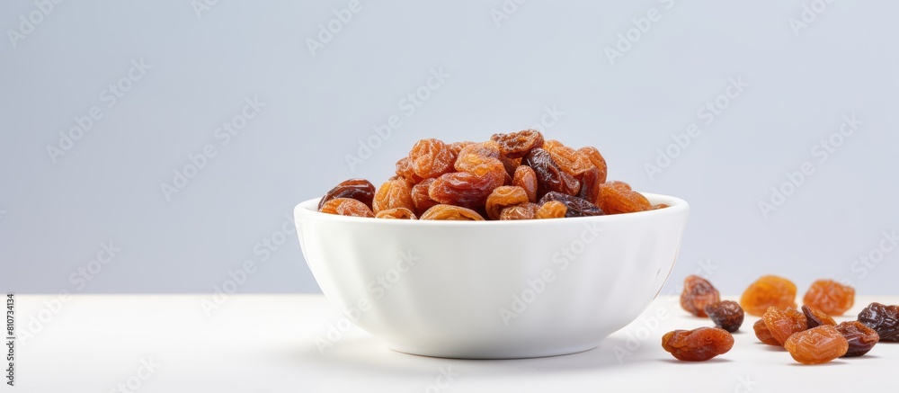 Aufkleber a macro image of a healthy snack consisting of raisins in a bowl placed on a white background provid
