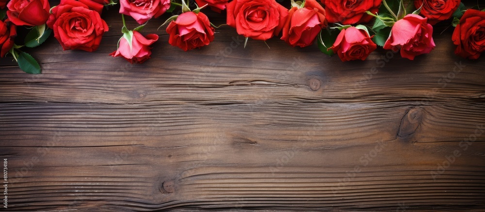 Poster A flower frame with roses placed on a weathered wooden board creating a pattern texture suitable for design purposes The composition offers ample copy space for an image