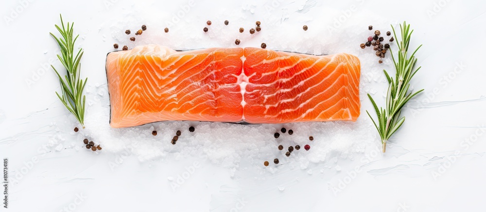 Poster a top down view of a raw salmon fillet seasoned with sea salt and rosemary placed on a white table w