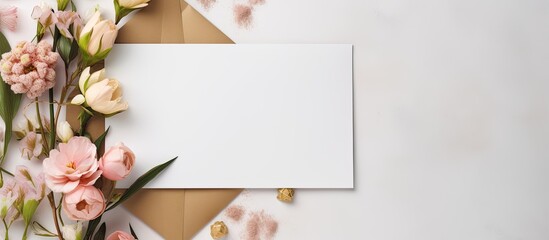 A light background showcases a top down view of various elements including a blank note kraft envelope gift box fabric and flowers creating a visually appealing copy space image