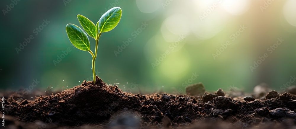 Poster a green sprout emerging from a seed planted in nutrient rich organic soil with a pleasant copy space