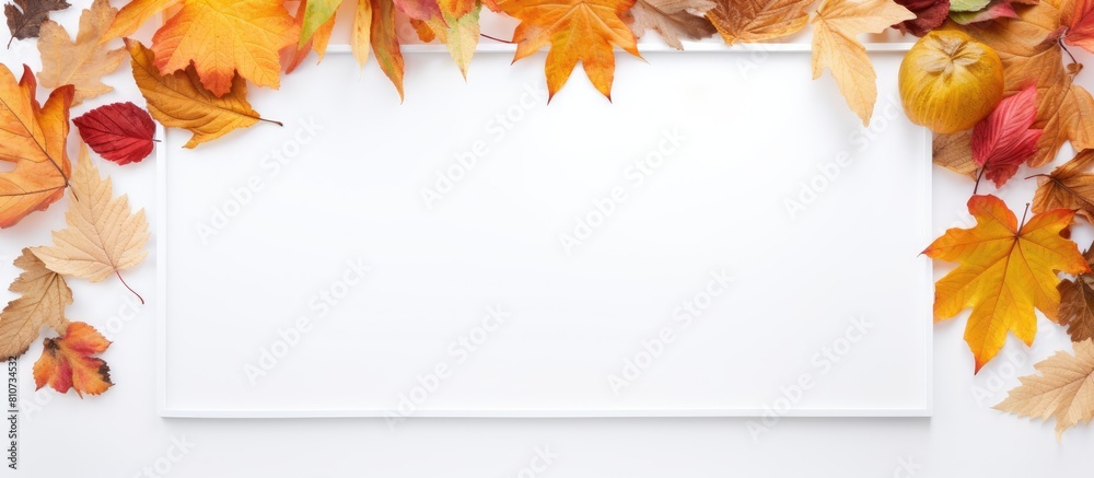 Poster top view of a tropical themed composition featuring a frame composed of golden autumn leaves on a wh