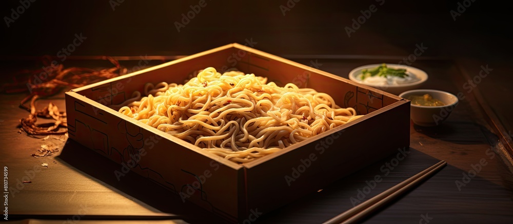 Poster Noodles in a box served with food sticks and sauces allowing for a visually appealing copy space image
