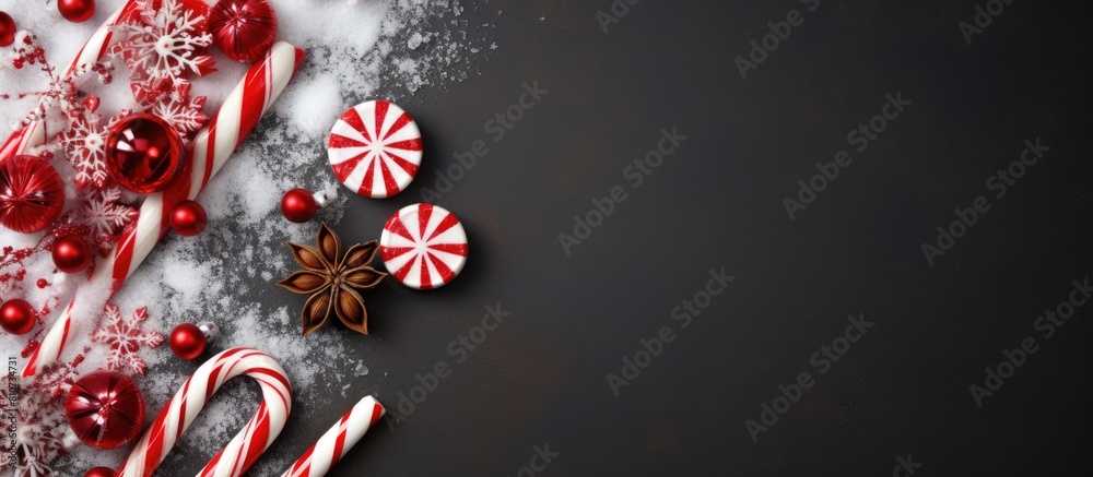 Poster a festive background with candy canes a snowflake and a red necklace it represents the christmas and