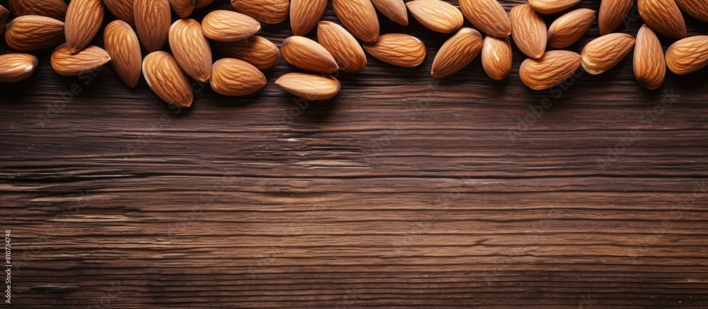 Poster copy space image of almonds arranged on a rustic wooden table