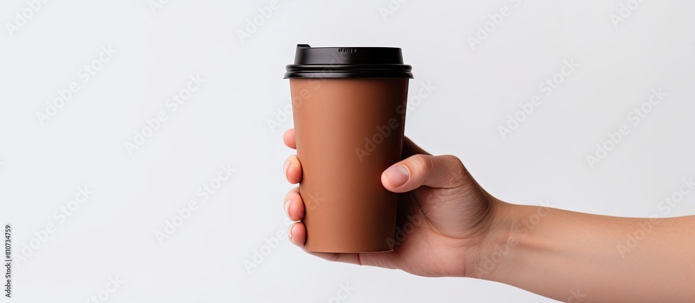 Aufkleber hand holding a thermos cup of take out coffee isolated on a white background the disposable containe