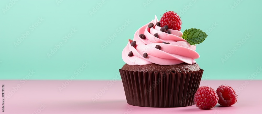 Aufkleber A cupcake decorated with raspberry and mint toppings adorned with frosting on a pink background with copy space image