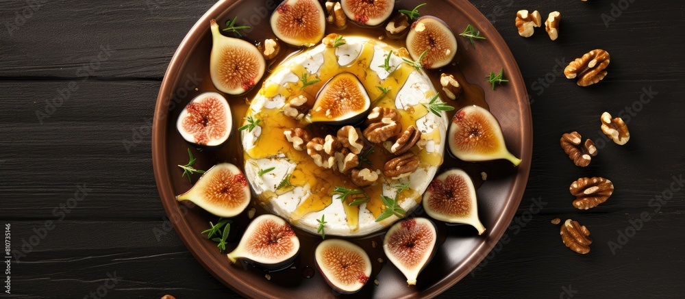 Poster top view of a ceramic plate containing a delicious gourmet appetizer made of baked figs goat cheese 