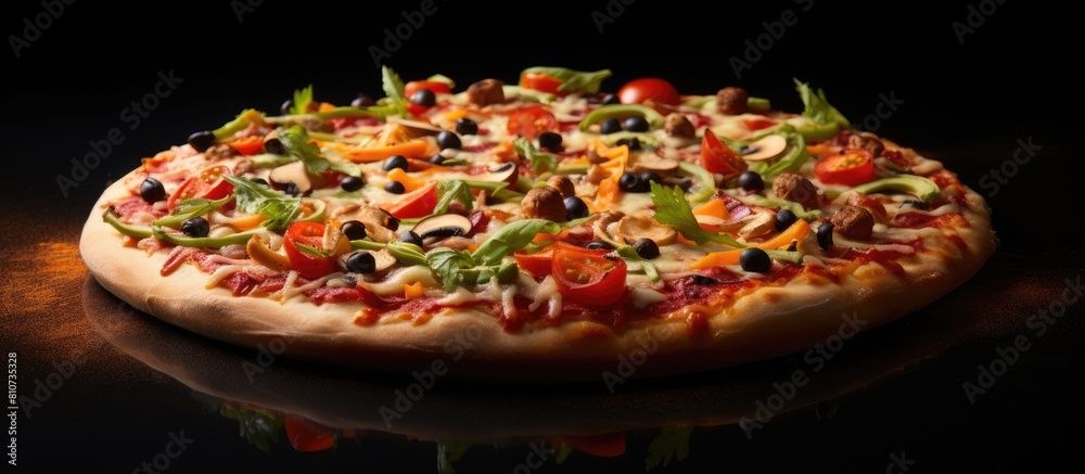 Poster the image features a vegetarian pizza on a dark background. creative banner. copyspace image