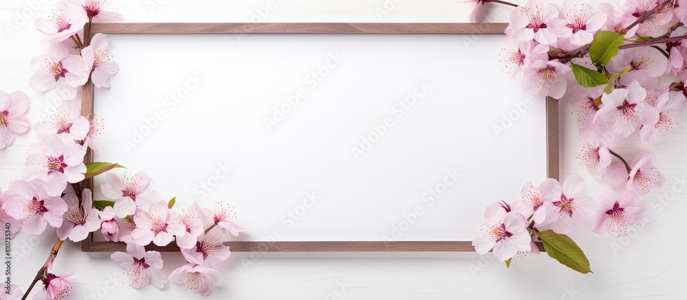Aufkleber A flat top view of a box isolated on a white background showcasing a beautiful frame consisting of pink and white almond blossoms with spring blooming branches The image offers ample copy space