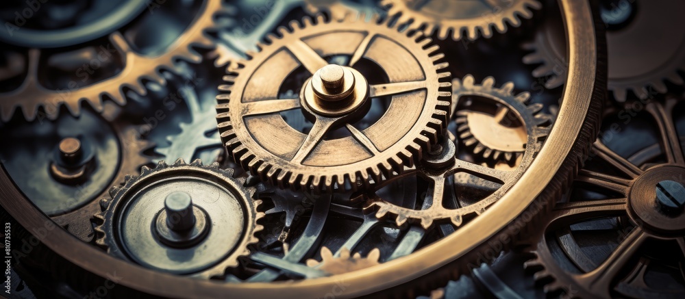 Aufkleber Close up of intricate worn gears in an antique mechanism perfect for a copy space image