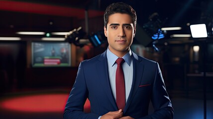 TV news anchor a young man backstage at a brightly lit studio in an elegant suit.