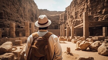 A male archaeologist stands in front of the excavations of an ancient civilization in the desert. A traveler adventurer has found a secret lost city.