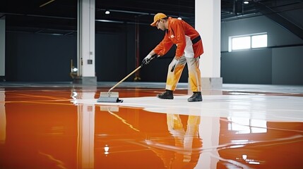 Renovation worker making new epoxy resin flooring in a large, brightly lit room.