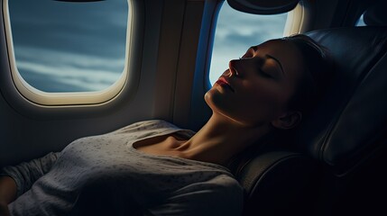 Fototapeta premium A young pretty girl sleeps near the airplane window during a flight. A tired girl dozes on an airplane with a view of the sunset, dawn.