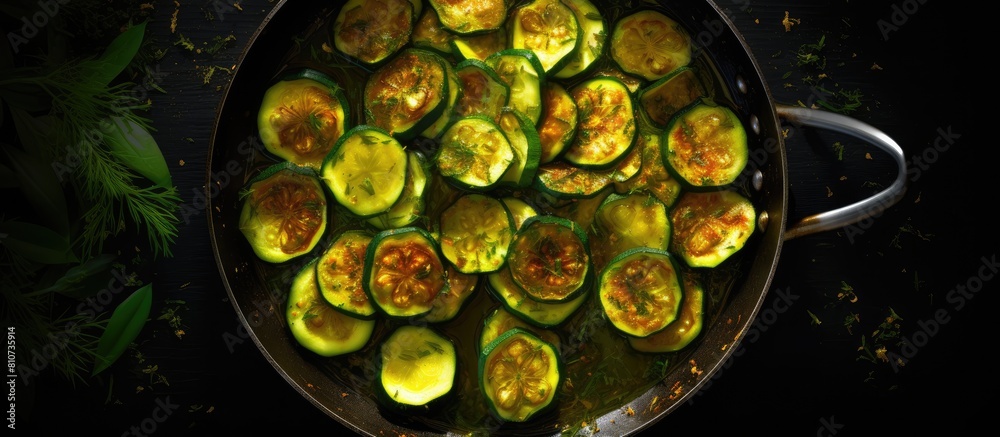 Poster A copy space image of young sliced courgettes frying in a pan on a dark background with zucchini in the background seen from a top view