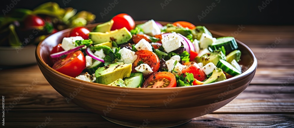 Poster a copy space image of a healthy vegan summer salad with a variety of fresh vegetables like sliced av