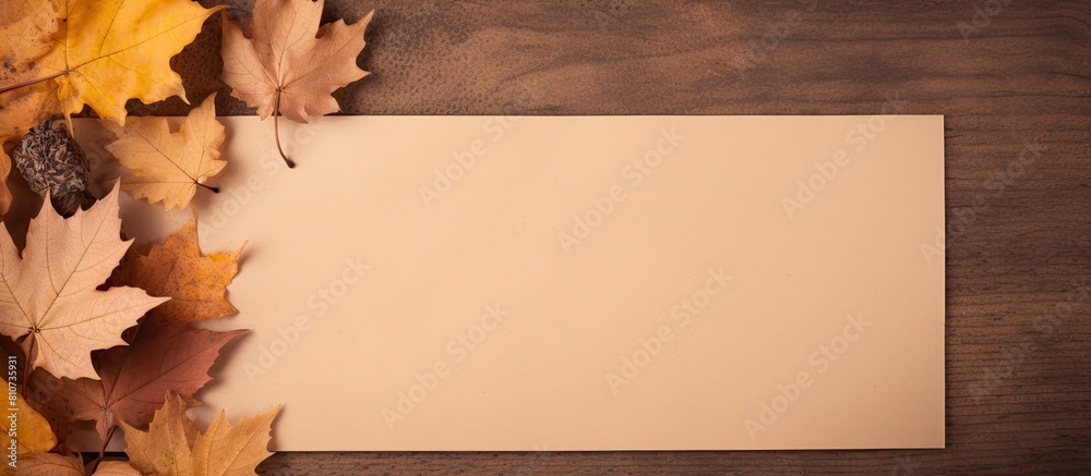 Leinwandbilder top view of blank memo paper on brown kraft paper background adorned with dry autumn leaves perfect 
