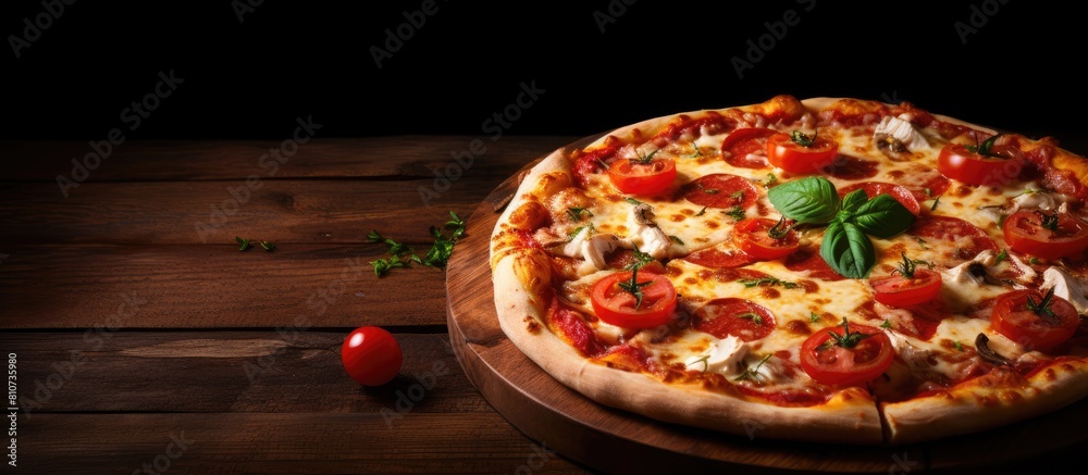 Poster a copy space image featuring a delicious pizza on a rustic wooden table topped with fresh tomato and