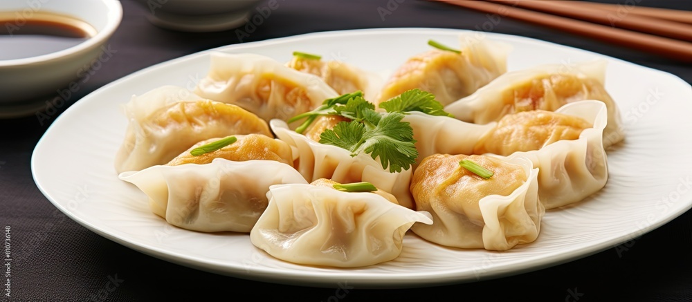 Poster traditional chinese dim sum dumplings served on a white plate with an asian aesthetic the compositio