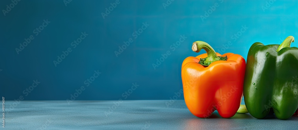 Poster a colorful sweet pepper and paprika lie on a vibrant green table with a blue background providing a 