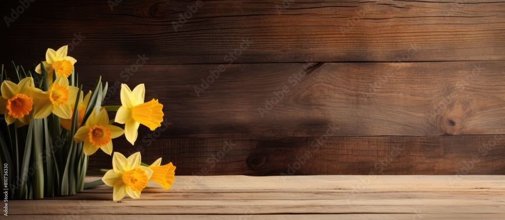 Poster A copy space image of winter daffodils displayed on a rustic wooden table