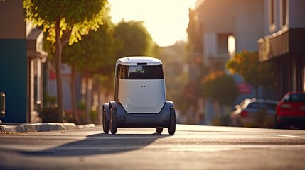 A robot courier delivering goods on wheels rides along a deserted city street. Unmanned logistics service technology. - Powered by Adobe