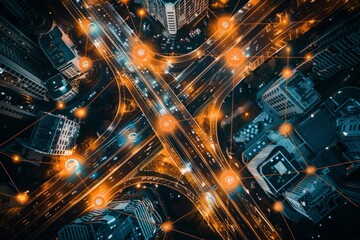 High-angle view of a bustling city intersection at night, showcasing a complex network of roads and...