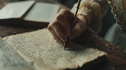 Intimate Moment: A close-up shot of a woman's hands as she delicately writes on a beautiful, textured paper, capturing the intimacy and thoughtfulness of the writing process. Generative AI