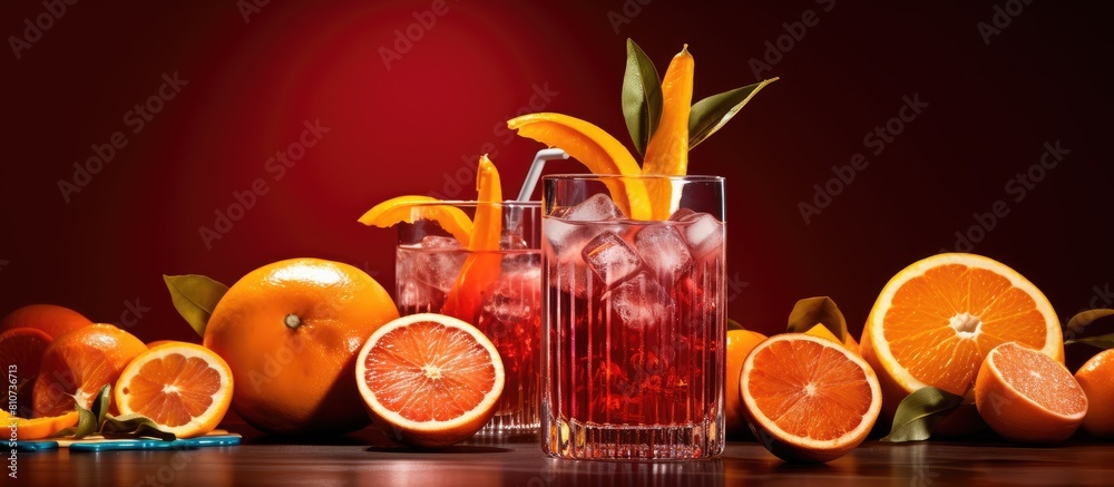 Poster a panoramic view of negroni cocktails featuring blood oranges with a designated space available for 