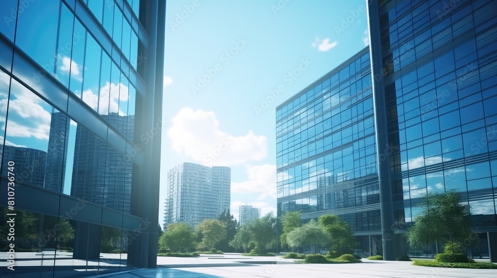 Wall mural Exterior of a large glazed modern office building, business center on a bright sunny day. A deserted city street is reflected in the windows.